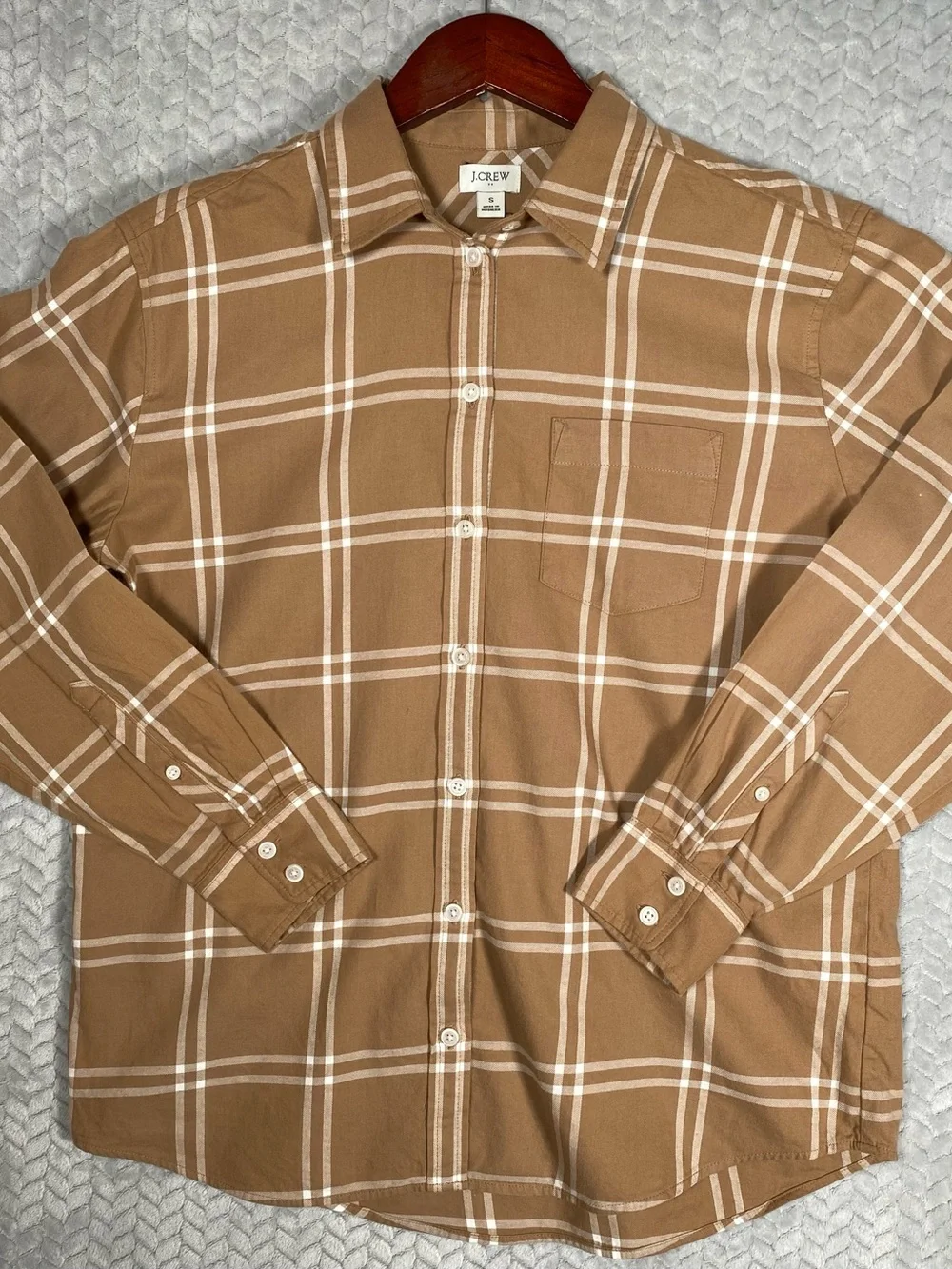 J.Crew Plaid Button Down Shirt Womens Small Camel Brown White Grid Dark Academia